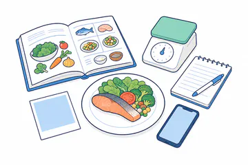 食事のまわりに食品の本、計量器、写真、メモ、スマートフォンが広がった様子