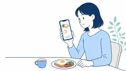 朝食のそばで、食事記録アプリを見る人