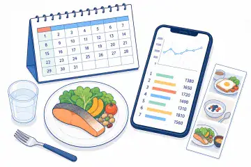 食事の記録と一週間のカロリー推移を、カレンダーとスマートフォンで振り返る様子