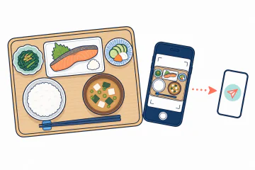 食卓の横に置いたスマートフォンから食事写真を送る様子を示すイラスト