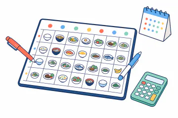 週ごとの食事記録表に二人分の入力を重ねるイラスト