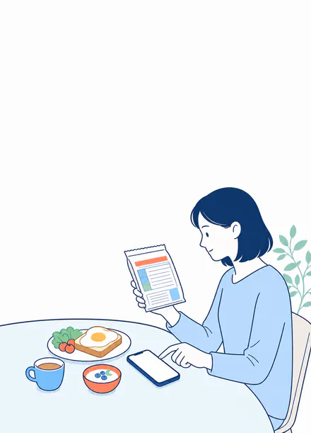 食品の栄養成分表示を見ながらスマートフォンへ記録する人