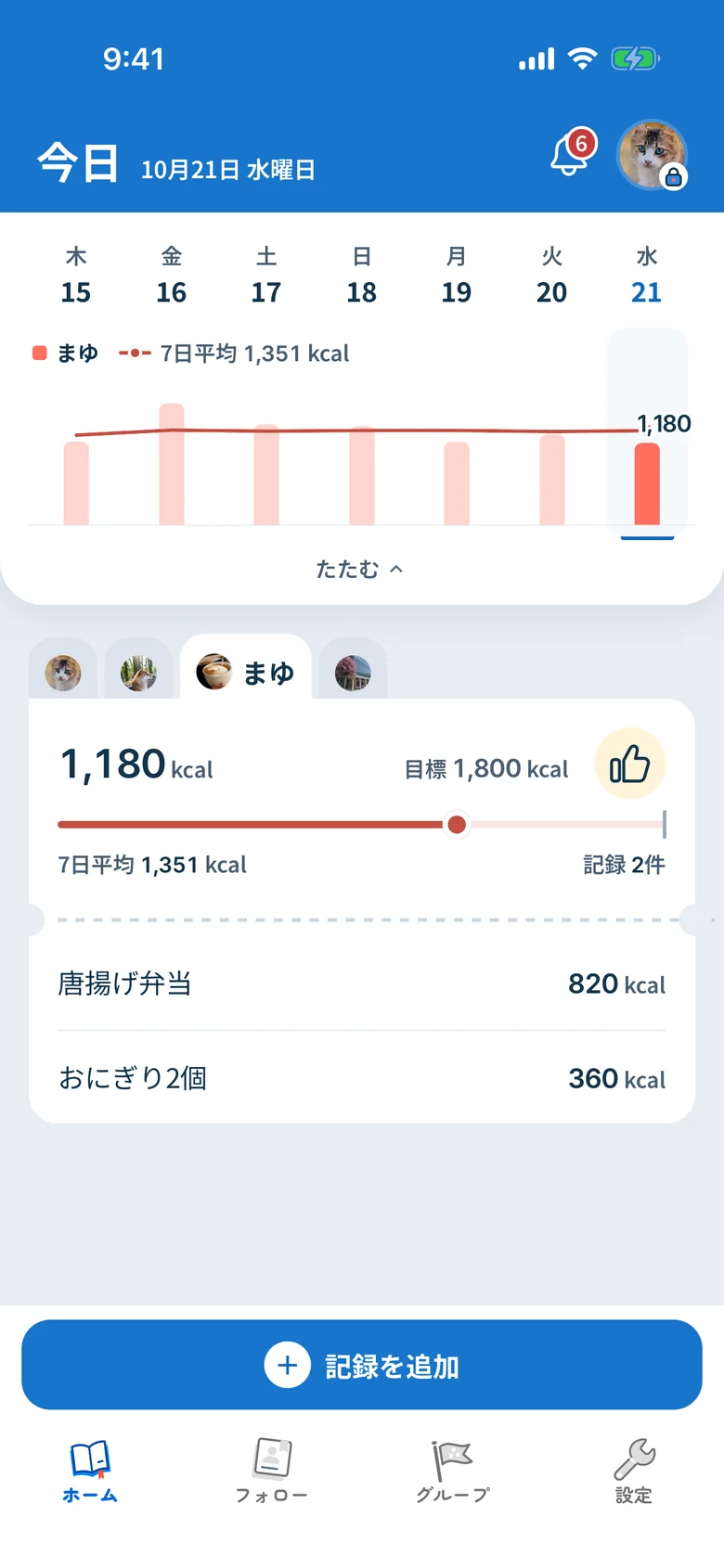 フォローしている相手のタブを開き、1週間のグラフと今日の食事が表示されたホーム画面